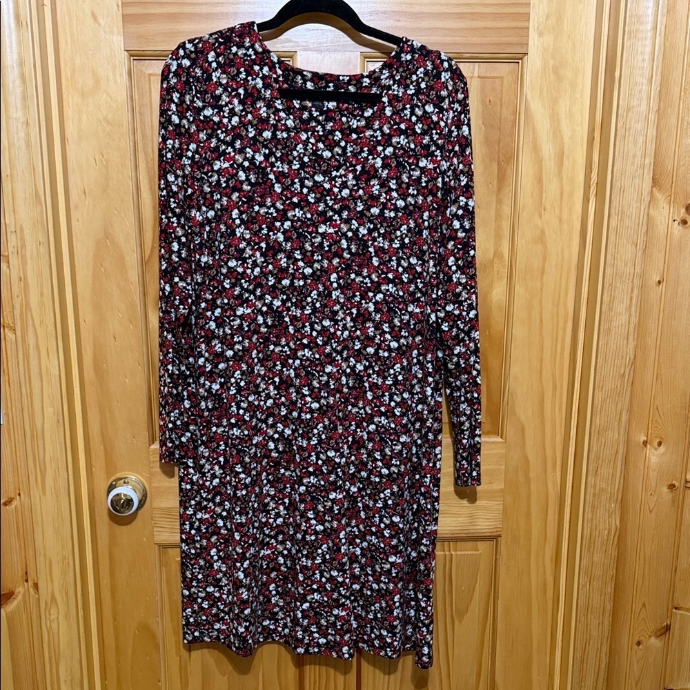 J. Jill Wearever Black & Red Floral Long Sleeve Dress, Size Large.